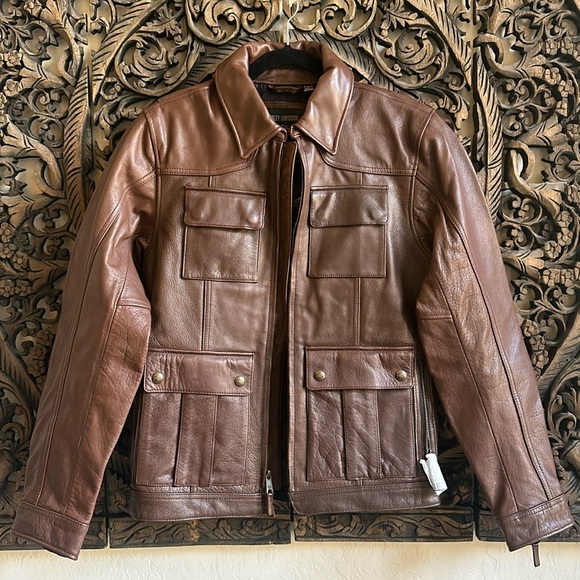 NWT Harley Davidson Men's Portage Brown Leather Riding Jacket Size Small - Picture 1 of 11